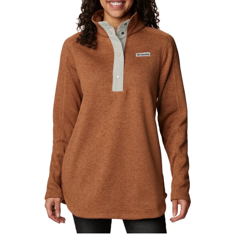 Women's Columbia Sweater Weather Tunic 1/4 Snap Fleece Pullover in Camel Brown